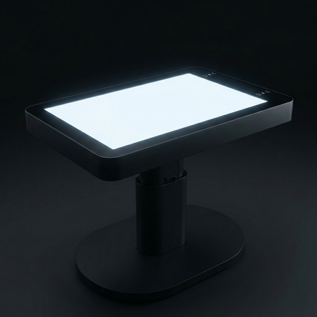 Team Table v1 interactive gaming table showing the 32 inch toughened touchscreen, wireless phone chargers, and adjustable base